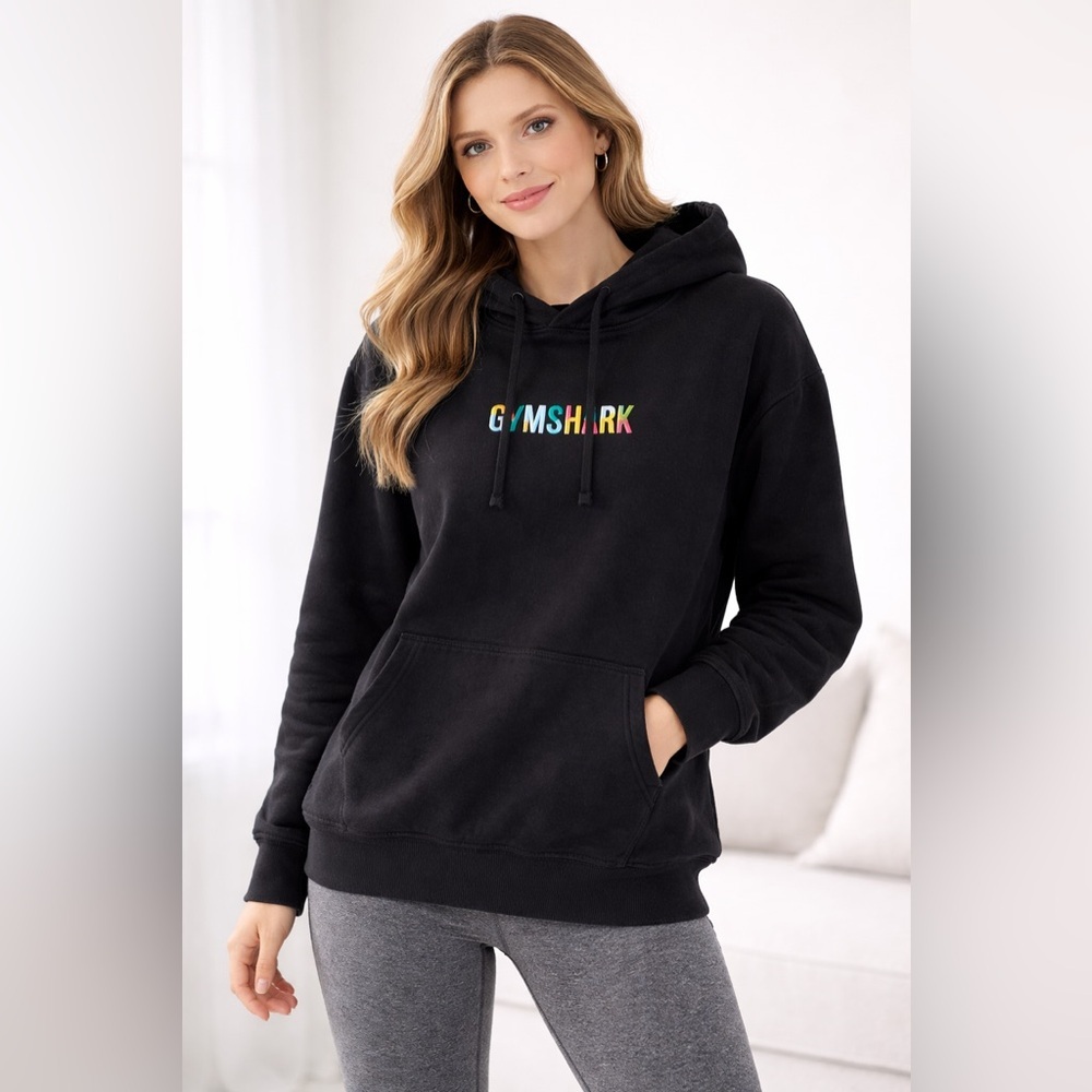 Gymshark Black Hoodie Rainbow Logo Pullover Sweatshirt Size Small